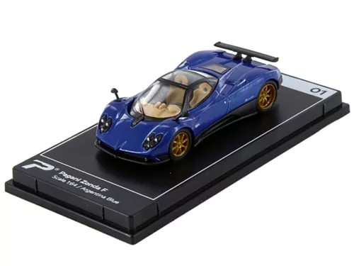 Pagani Zonda F 1/64 diecast model car, blue metallic, on display base