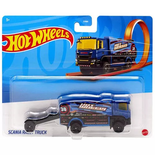 Hot Wheels diecast rally truck, blue SCANIA truck with orange stripe graphics