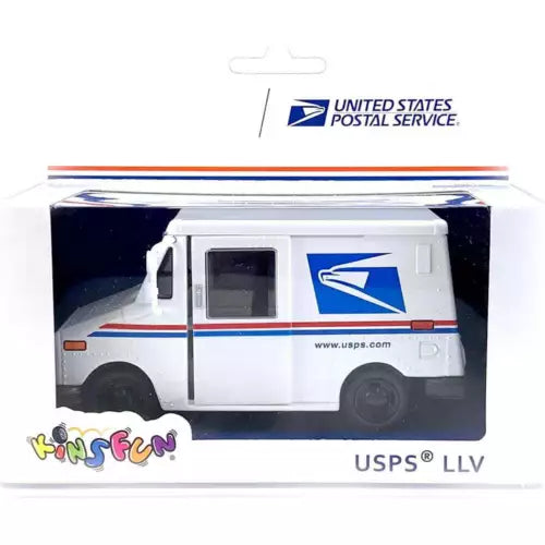 White USPS mail delivery truck diecast model with blue eagle logo and orange stripe