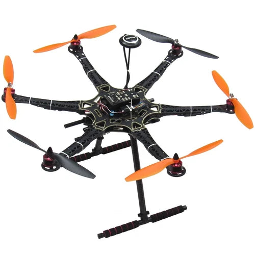 Hexacopter drone with six orange propellers and black carbon-fiber frame