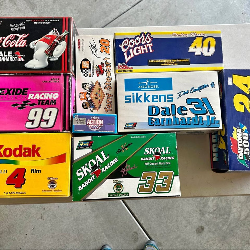 NASCAR diecast racing car lot in boxed sets with numbers and sponsor logos