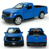 Blue Ford F-150 diecast model pickup truck with detailed grille and silver wheels