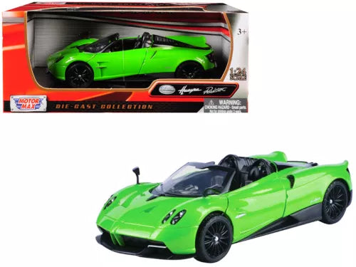 1/24 diecast roadster model car, bright green with black wheels, front 3/4 view
