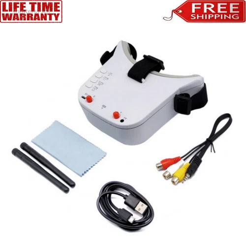 FPV goggles headset with dual antennas, AV cables, and lens cloth, white and black