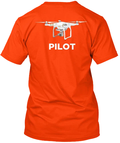Orange crewneck T-shirt with white drone graphic and 'PILOT' back print