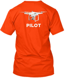 Orange crewneck T-shirt with white drone graphic and 'PILOT' back print