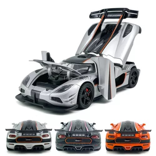 1:32 Koenigsegg One:1 diecast model car, silver with black rear wing and orange accents