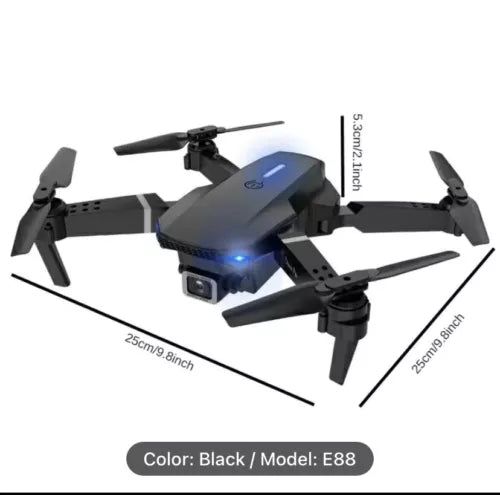 Black quadcopter drone with HD camera and four propellers