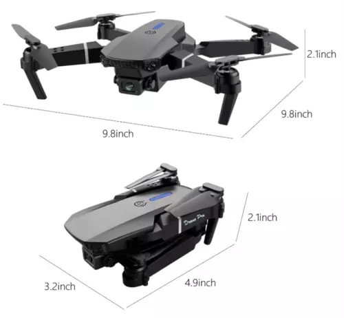 Folding camera drone, dark gray/black with front camera and four propellers
