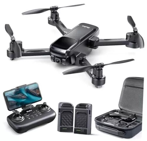 Black adult drone with camera, remote controller, smartphone and spare battery cases