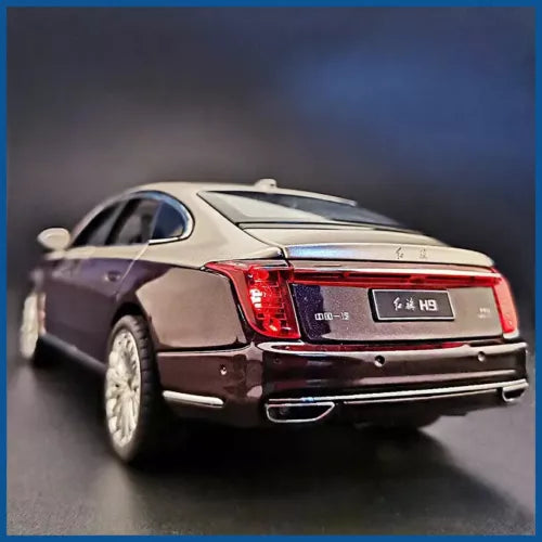 1:24 Hong Qi H9 diecast car model, rear 3/4 view, black body with red tail lights