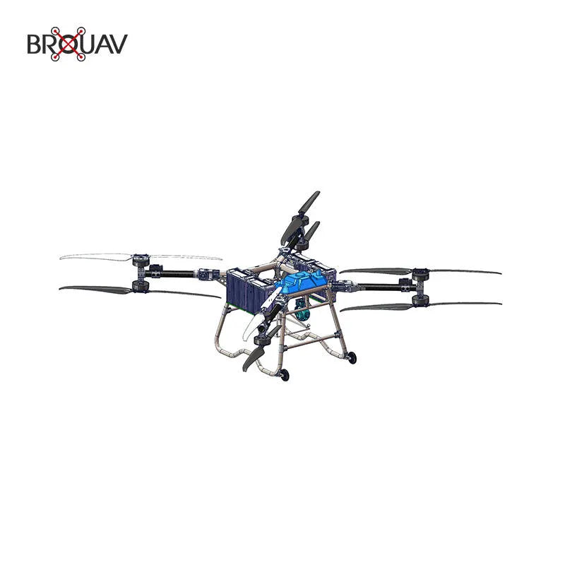Delivery drone with blue frame and multi-rotor propellers, landing skids