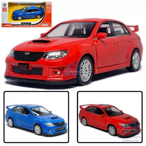Red Subaru WRX STI model car diecast toy, front 3/4 view, metal alloy details