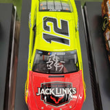 Autographed diecast race car in neon yellow and red with Jack Links logo