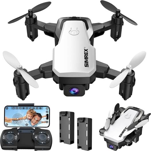 Foldable RC quadcopter drone with front camera, white body and four propellers
