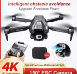 Black quadcopter drone with front camera module and four propellers
