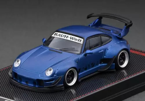 1:64 scale matte blue diecast sports car model with rear spoiler