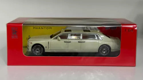 White alloy diecast car model in retail box, Phantom extended style