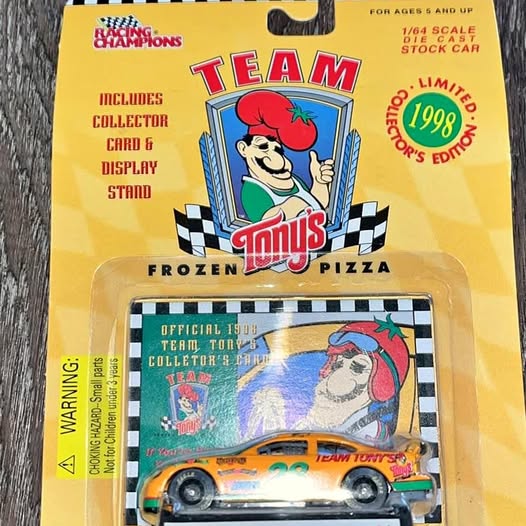Team Tony's 1/64 diecast stock car in display box, orange with checkered graphics