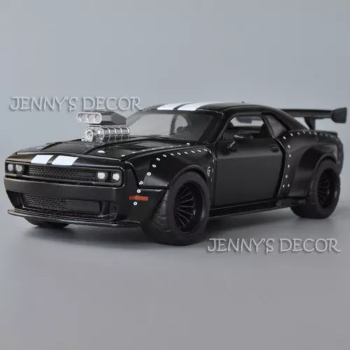 Black Dodge Challenger SRT diecast model car with hood stripes, front 3/4 view