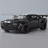 Black Dodge Challenger SRT diecast model car with hood stripes, front 3/4 view