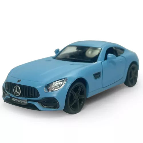 Blue diecast sports model car, front grille and headlights, pull-back toy