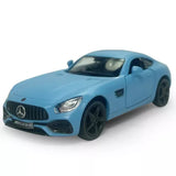 Blue diecast sports model car, front grille and headlights, pull-back toy