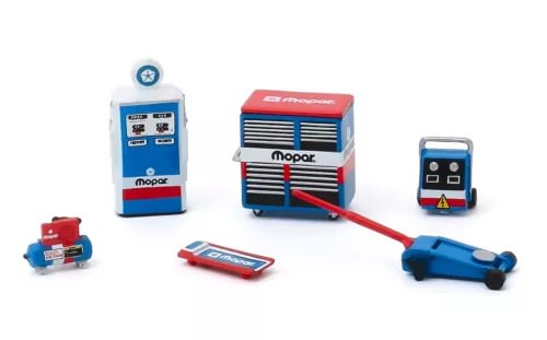 1/64 diecast car accessories pack with blue and red vehicles, tools, and cards