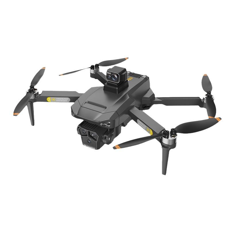 Mini RC drone with dark gray body and four propellers, with front camera module