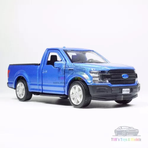 Blue 1:36 Ford F150 pickup model car, alloy diecast, front 3/4 view