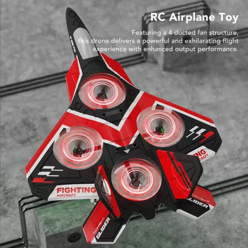Red and black RC jet plane drone with four ducted fan lights and fixed wings