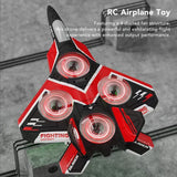 Red and black RC jet plane drone with four ducted fan lights and fixed wings