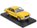 Yellow classic Opel Ascona diecast car model on display base, front 3/4 view.