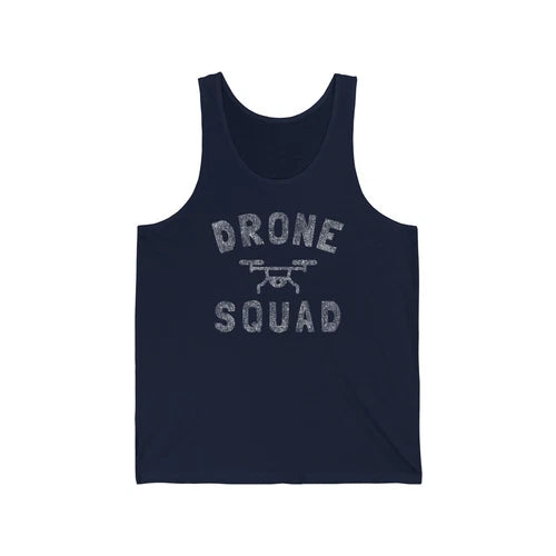 Unisex vintage tank top, dark navy, DRONE SQUAD text with drone graphic