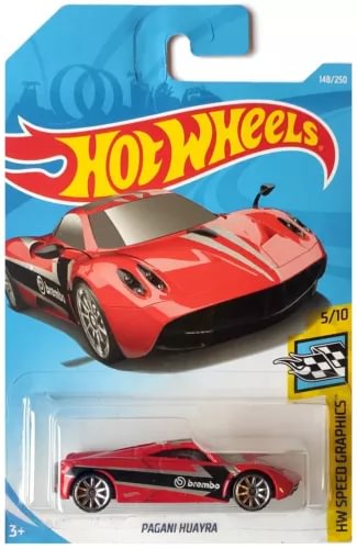Hot Wheels 1:64 diecast model car, red Pagani Huayra in blister packaging
