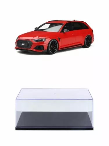 Diecast Audi RS4-S model car with clear display case, red body, black wheels