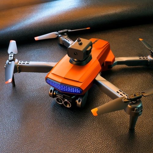 Orange quadcopter drone with camera, four propellers, front blue LED strip