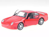 Red diecast model sports car with open door, front-left view, 1:36 scale