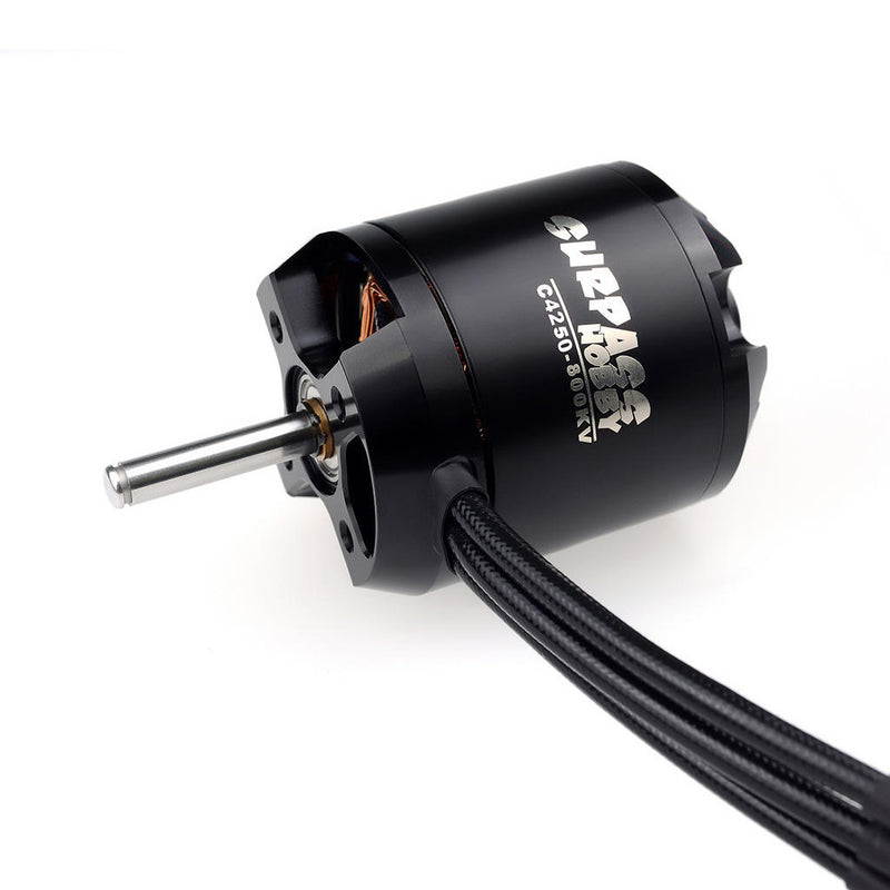 Brushless RC motor with metal shaft and black power wires, black casing