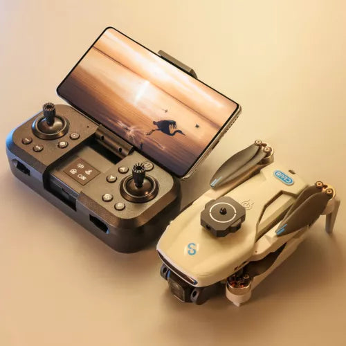 GPS quadcopter drone with controller, folding arms, and front camera view