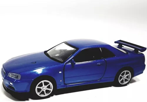 Metallic blue diecast sports car toy, hardtop, front three-quarter view