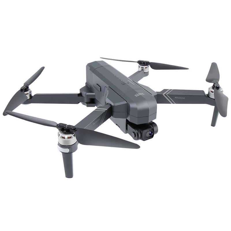 Foldable dark gray quadcopter drone with gimbal camera and four propellers