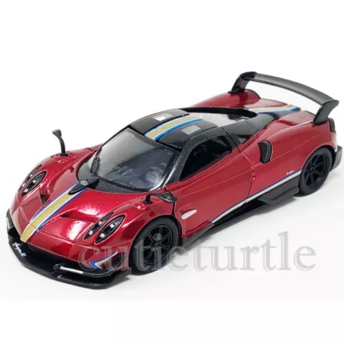 Red diecast sports car with blue and yellow racing stripes, black roof and wheels