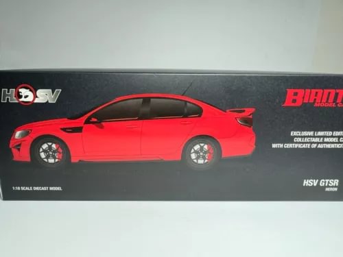 Red HSV GTSR 1:18 diecast model car in box, front side view