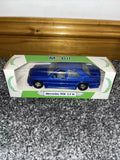 Blue diecast Mercedes 190E toy car in Mobil branded display box, scale 1:36