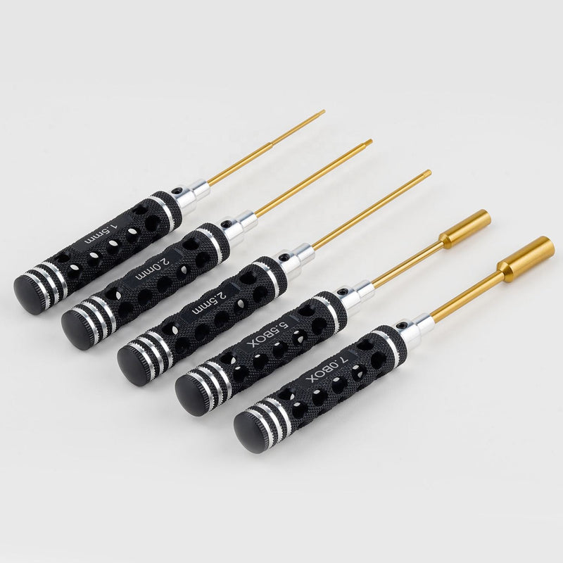 RC hex driver set with black textured handles and gold shafts, four-piece