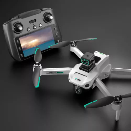 White quadcopter drone with green accents and 4-blade propellers, with remote controller