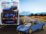 Blue Pagani Huayra Roadster diecast model car, open-top, 1:64 scale