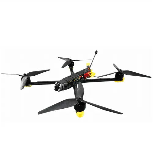 Small quadcopter drone with four propellers and front sensor module, black and yellow