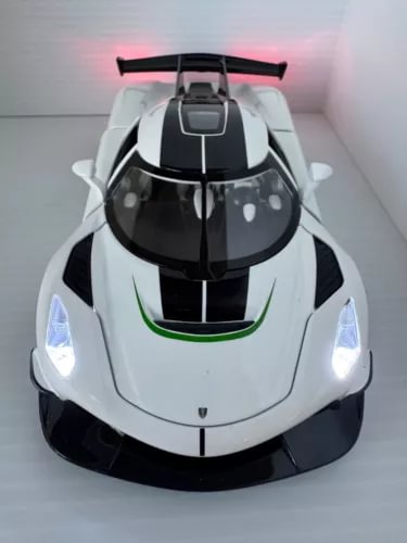 Koenigsegg Jesko diecast car model, white and black front with headlights and grille